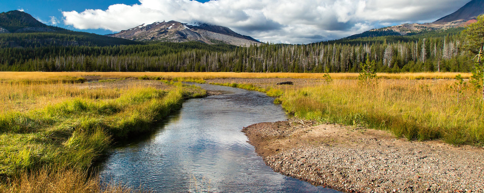 Soda Creek Stream and golden fields in foreground, mountains and clouds in background.