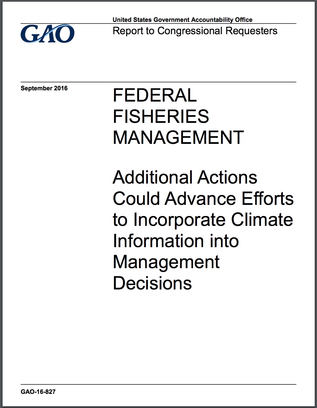 Federal Fisheries Management: Additional Actions Could Advance Efforts to Incorporate Climate Information into Management Decisions
