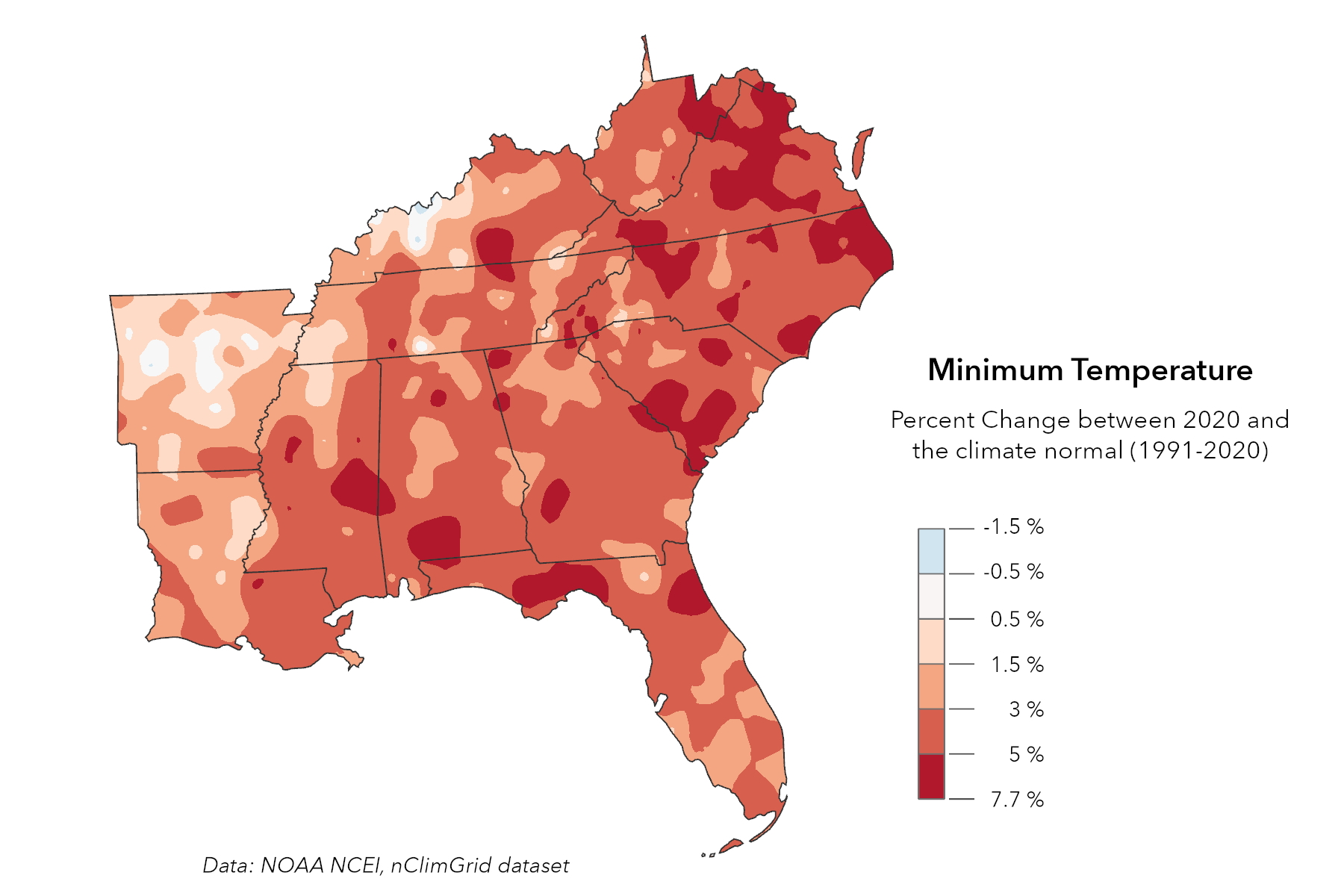 Average Minimum Temperature in 2020 compared to 19912020 U.S