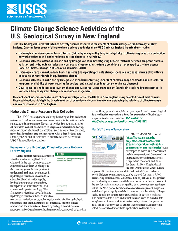 Climate Change Science Activities of the U. S. Geological Survey in New England