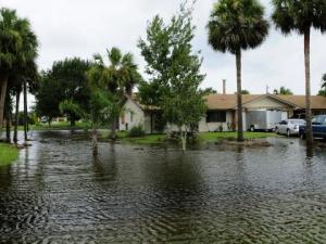 Close up view of a flooded driveway and neighborhood