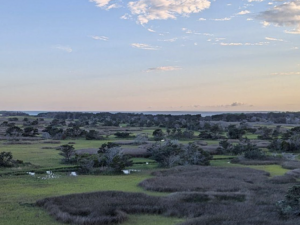 blue sky with clouds over a flat green landscape