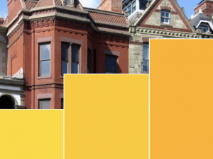 city buildings with increasingly dark orange bar chart