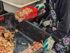 students scooping food waste out of a bin
