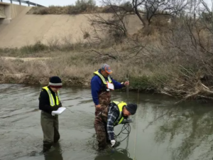 scientists collecting data in a river