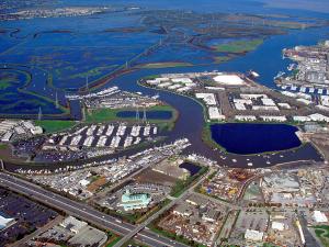 aerial view of city and harbor