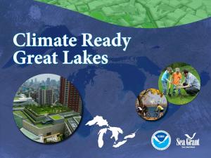 "climate ready great lakes" graphic showing aerial video of city, tree planters, and bikers