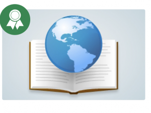 A book with a globe and green badge