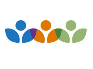 A graphic featuring three stylized human figures in blue, orange, and green, with leaf-like elements.
