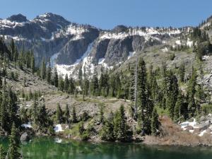 Bear Mountain and tarn below the Devils Punchbowl tarn in the Siskiyou Wilderness.