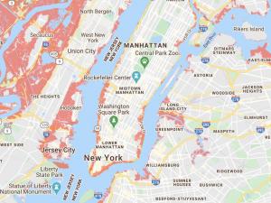 Map of New York City with red areas