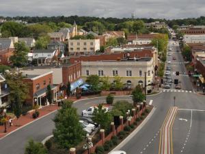 Aerial view of downtown Blacksburg, VA