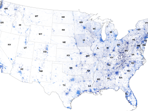 Map of the contiguous USA indicating the distribution of properties at risk from flooding.