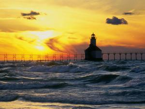 Sunset behind the Pierhead Lighthouse in St. Joseph, Michigan