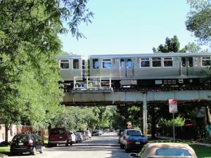 Residential trees and one of Chicago's elevated commuter trains
