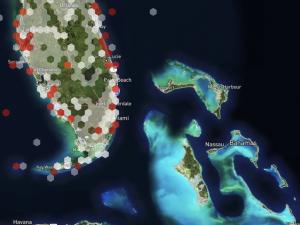 Map of Florida with colorful hexagons marking data locations