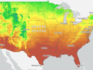 Screenshot of the Changing Climate storymap showing an image of the continental U.S. with a red, green, and yellow gradient overlaid the outline of the nation.