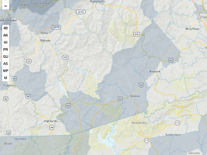 map of the areas surrounding Asheville, NC with census tracts of certain areas greyed out.