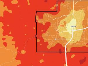Fire risk map showing higher risk in the urban-wildland interface