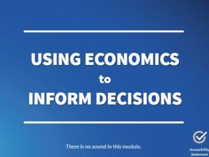 Blue background with white text that reads "Using Economics to Inform Decisions"