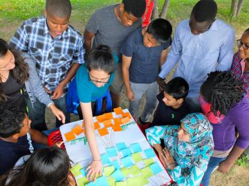 leader pointing to poster board surrounded by students