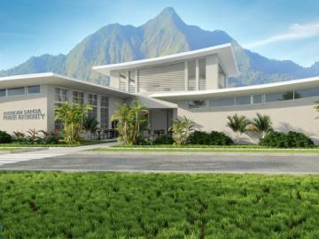 American Samoa Power Authority building with mountain in background
