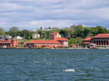 View of a red building on the water
