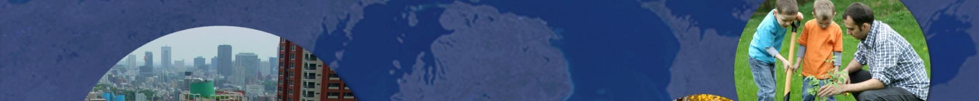 "climate ready great lakes" graphic showing aerial video of city, tree planters, and bikers