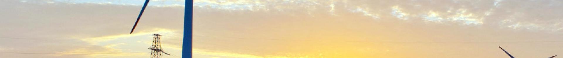 solar panels and windmills with sunset