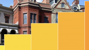 city buildings with increasingly dark orange bar chart