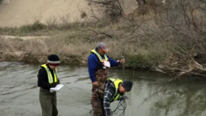 scientists collecting data in a river