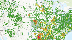 Map of U.S. with colored dots