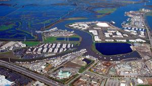 aerial view of city and harbor