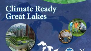"climate ready great lakes" graphic showing aerial video of city, tree planters, and bikers