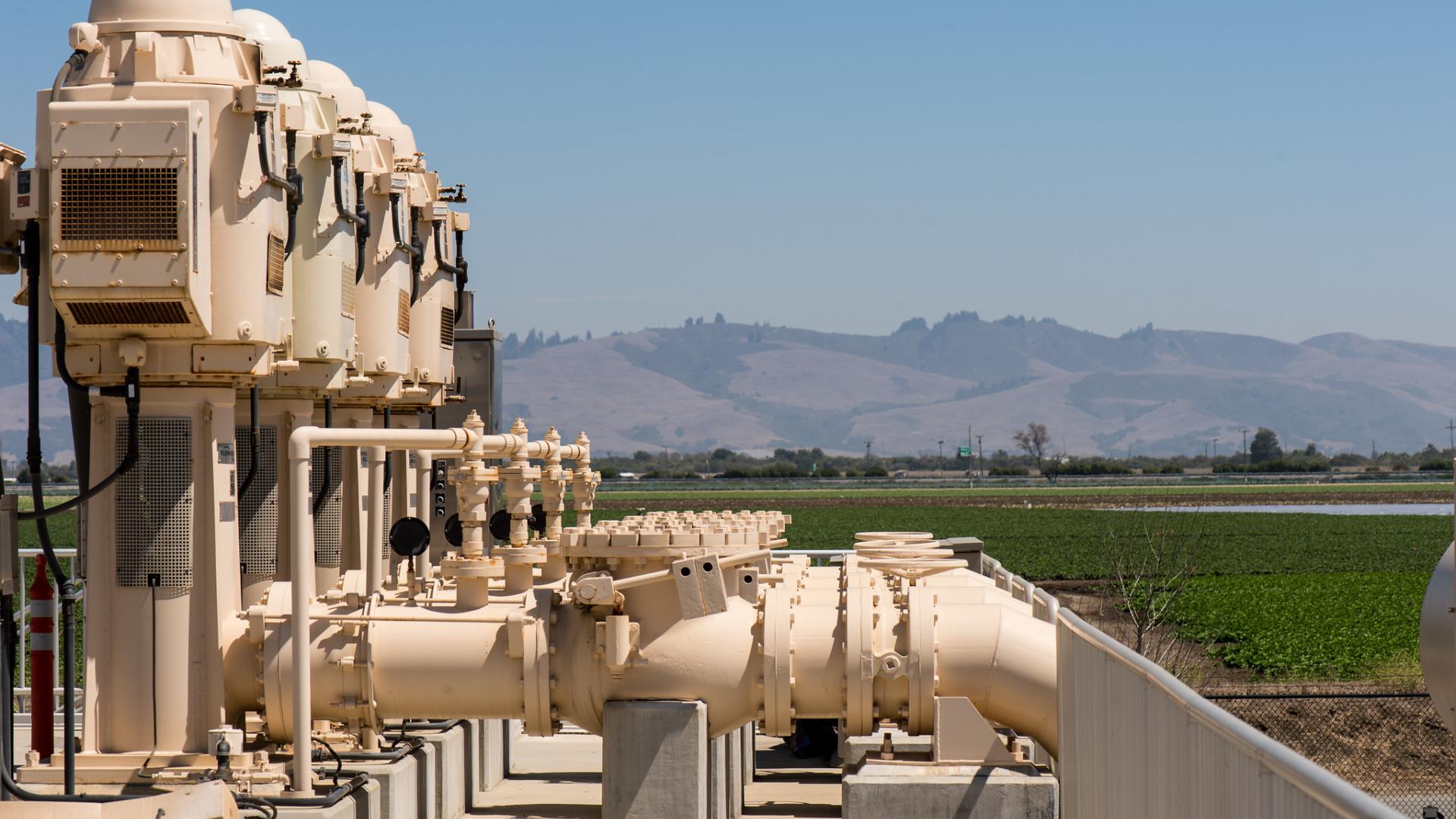 Large metal pipes outside of the Pajaro Valley Water Management Agency (PVWMA) Water Resources Center