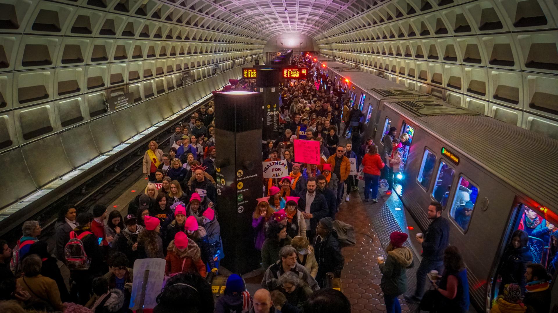 Busy and bustling subway station during a women's march in Washington, DC