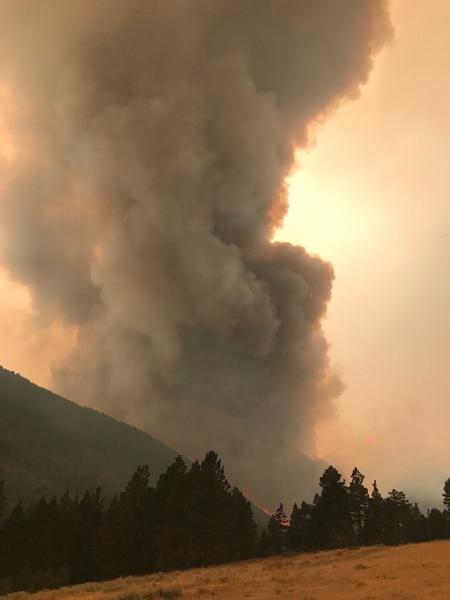 A column of smoke arises from the Alice Creek Fire in Montana, August 2017