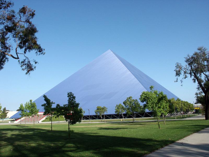 Light blue pyramid-shaped building 