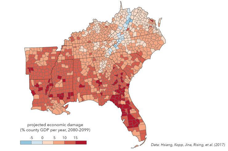  Colors show annual economic damages projected for 2080–2099 under RCP8.5, expressed as a percentage of gross domestic product for each county in the Southeast