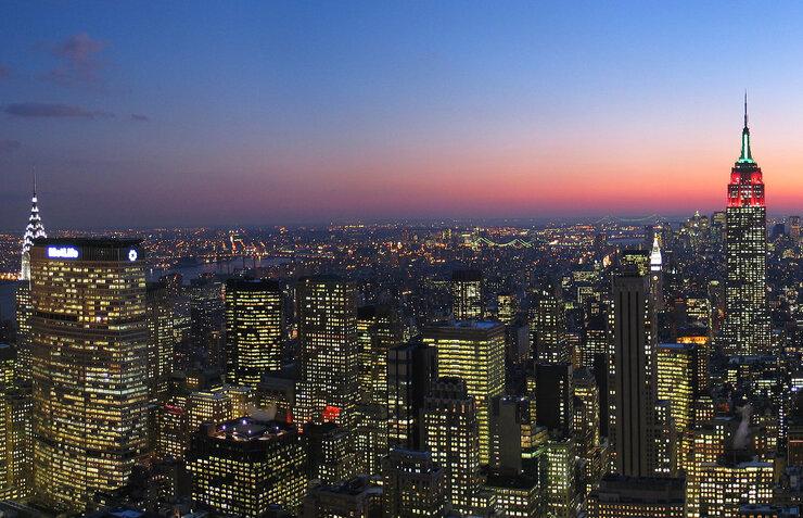 The skyline of New York City, looking south at dusk.