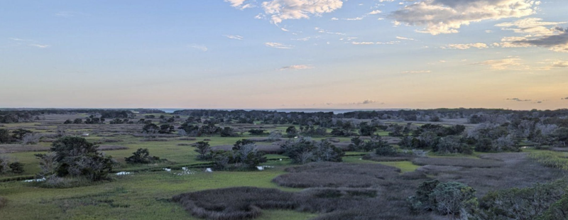 blue sky with clouds over a flat green landscape