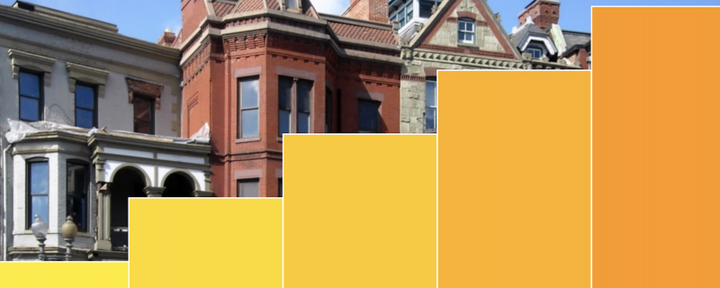 city buildings with increasingly dark orange bar chart