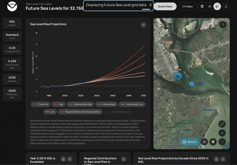 Screen capture of the Sea level rise calculator tool