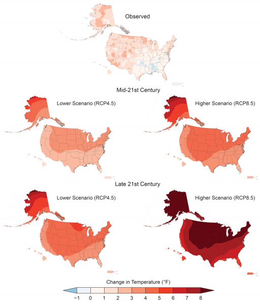 5 maps of the U.S., increasingly red for higher temperatures