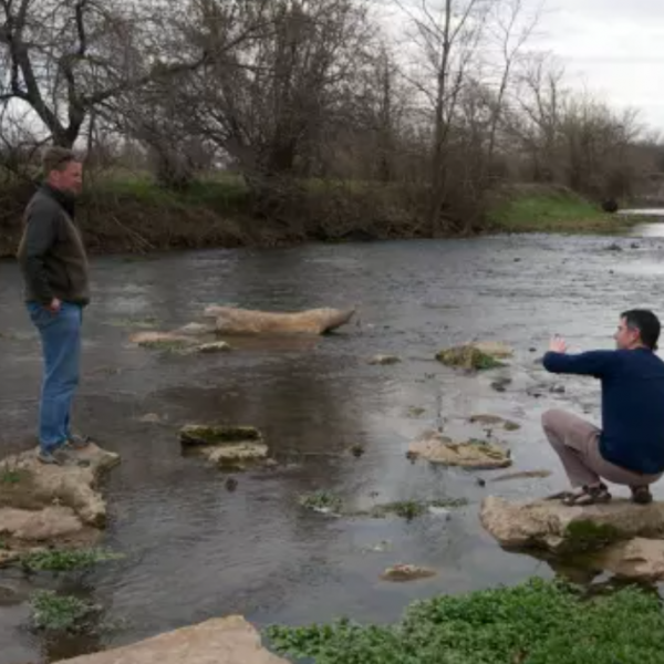 scientists looking at a river