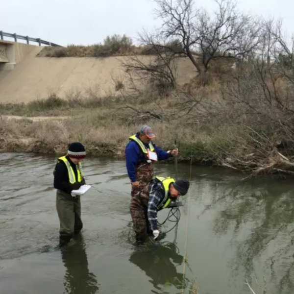 scientists collecting data in a river