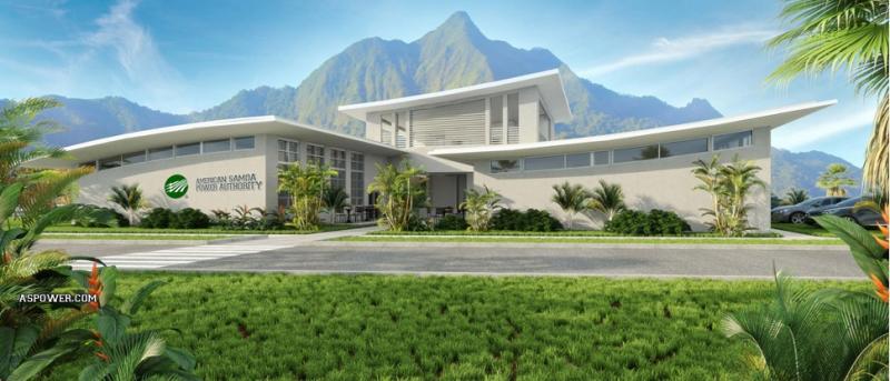 American Samoa Power Authority building with mountain in background