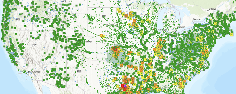Map of U.S. with colored dots