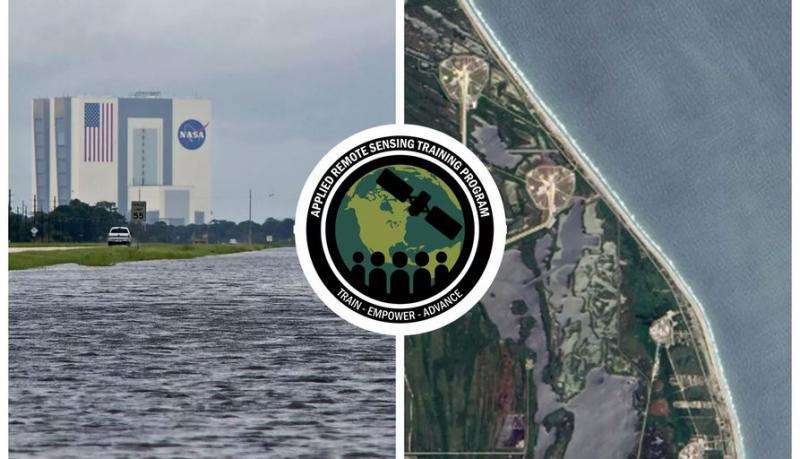 NASA ARSET logo over images of Johnson Spaceflight Center from the ground and from a satellite