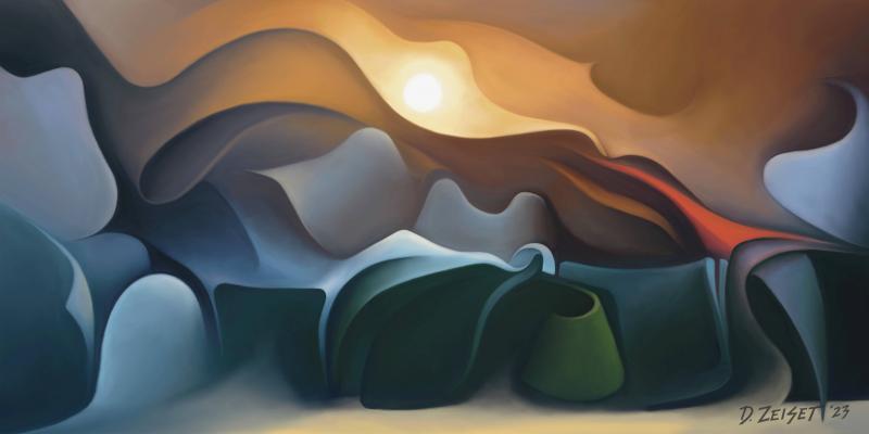 Blazing sun surrounded by waves of red, blue, and green